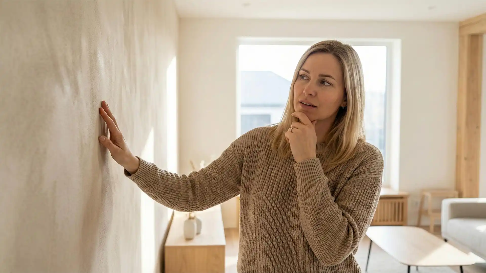 Eine nachdenkliche Frau berührt eine Belka Wand und sucht nach Antworten.