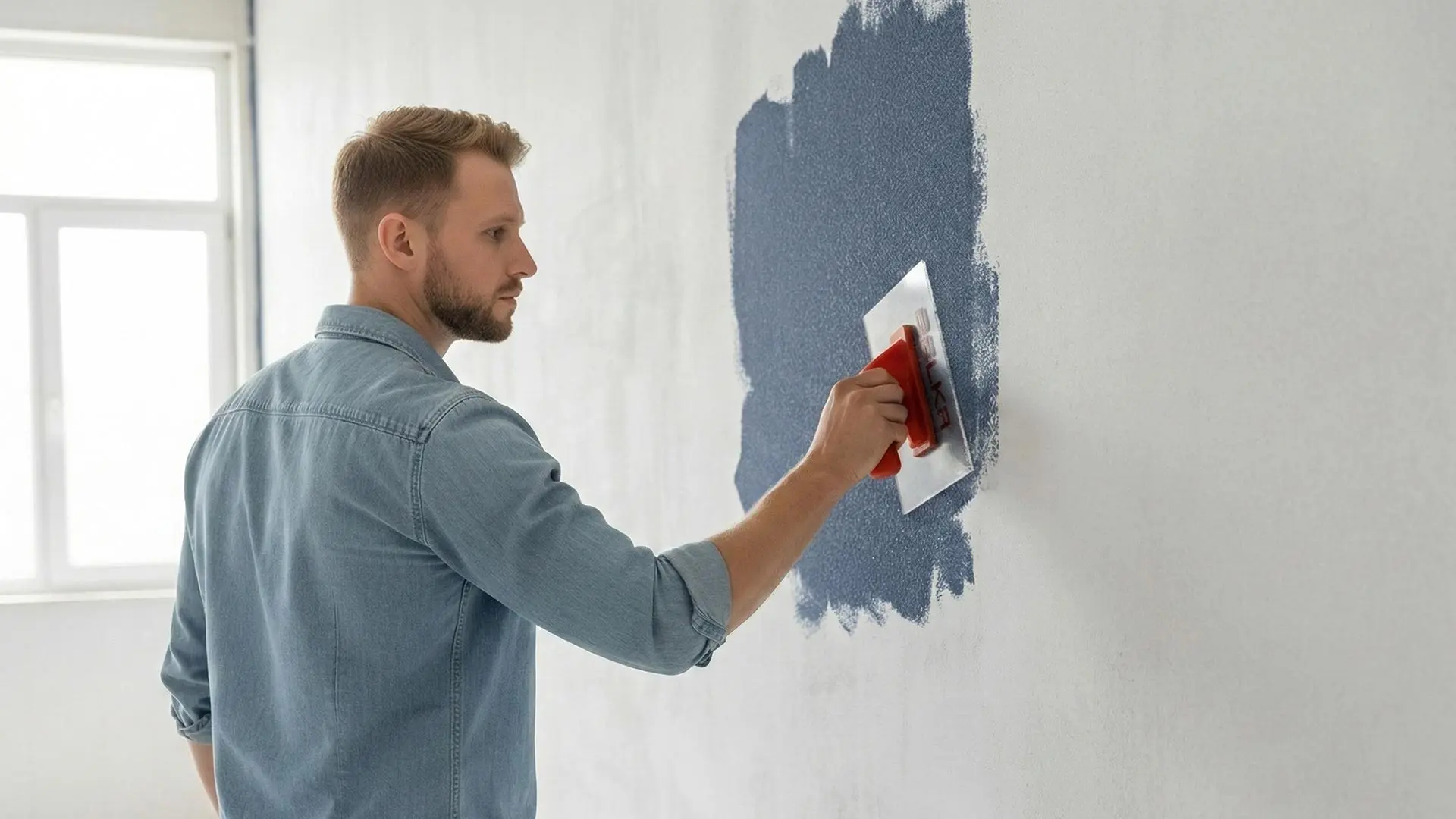 Ein Handwerker trägt die Belka Tapete mit einer Glättkelle nahtlos auf eine verspachtelte Trockenbauwand aus Gipskarton auf.