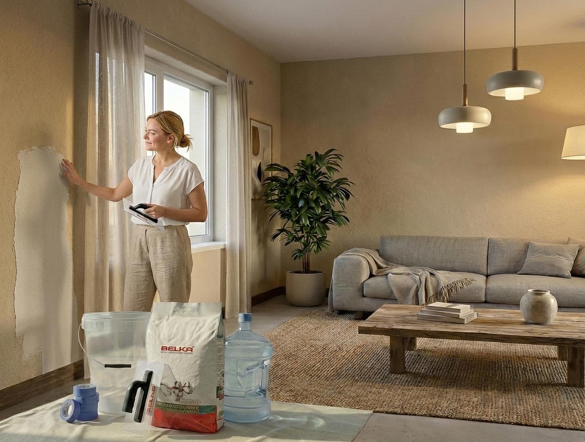 Eine Frau trägt Belka Tapete im Wohnzimmer auf, mit Eimer, Kelle und Material im Vordergrund.