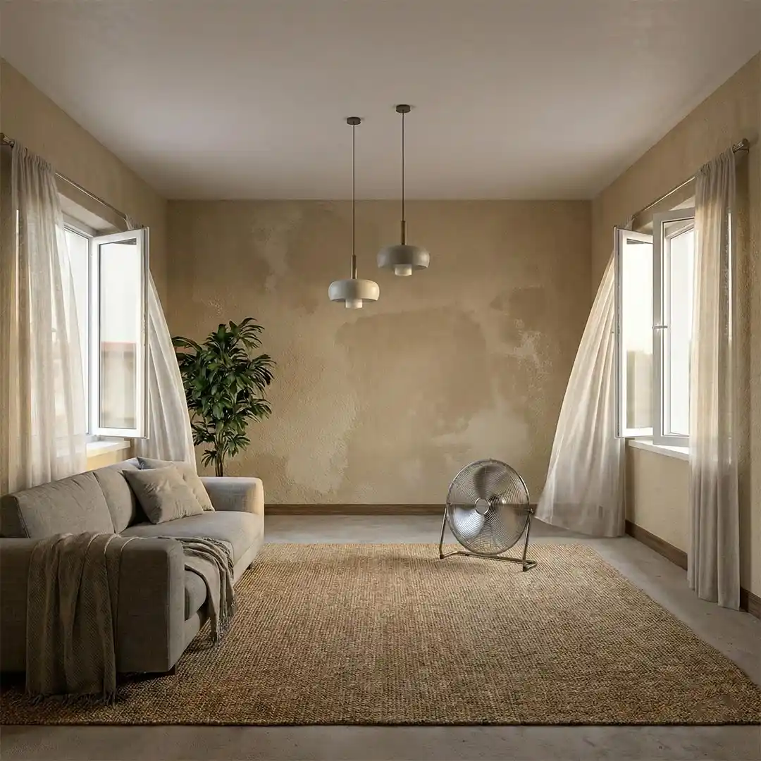 Aktive Belka Trocknung: Ein Bodenventilator und ein weit geöffnetes Fenster sorgen für maximale Luftzirkulation (Querlüftung) zur Verdunstung der Feuchtigkeit aus der nassen Wandbeschichtung.