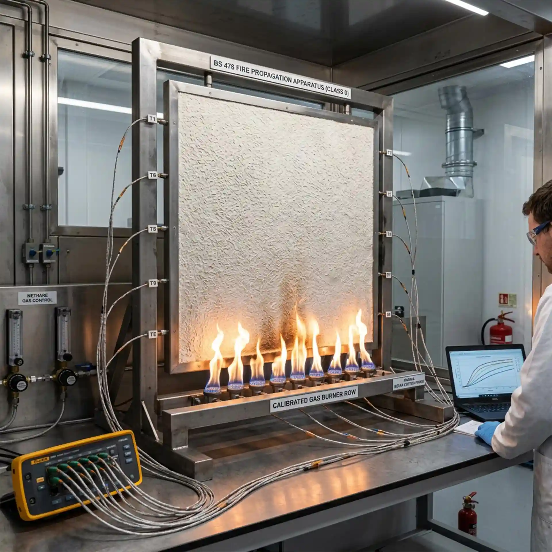 Zertifizierter Brandschutz für Belka Tapete: Laborprüfung nach BS 476 zur Bestätigung der Klasse 0 für maximale Sicherheit im Innenausbau.