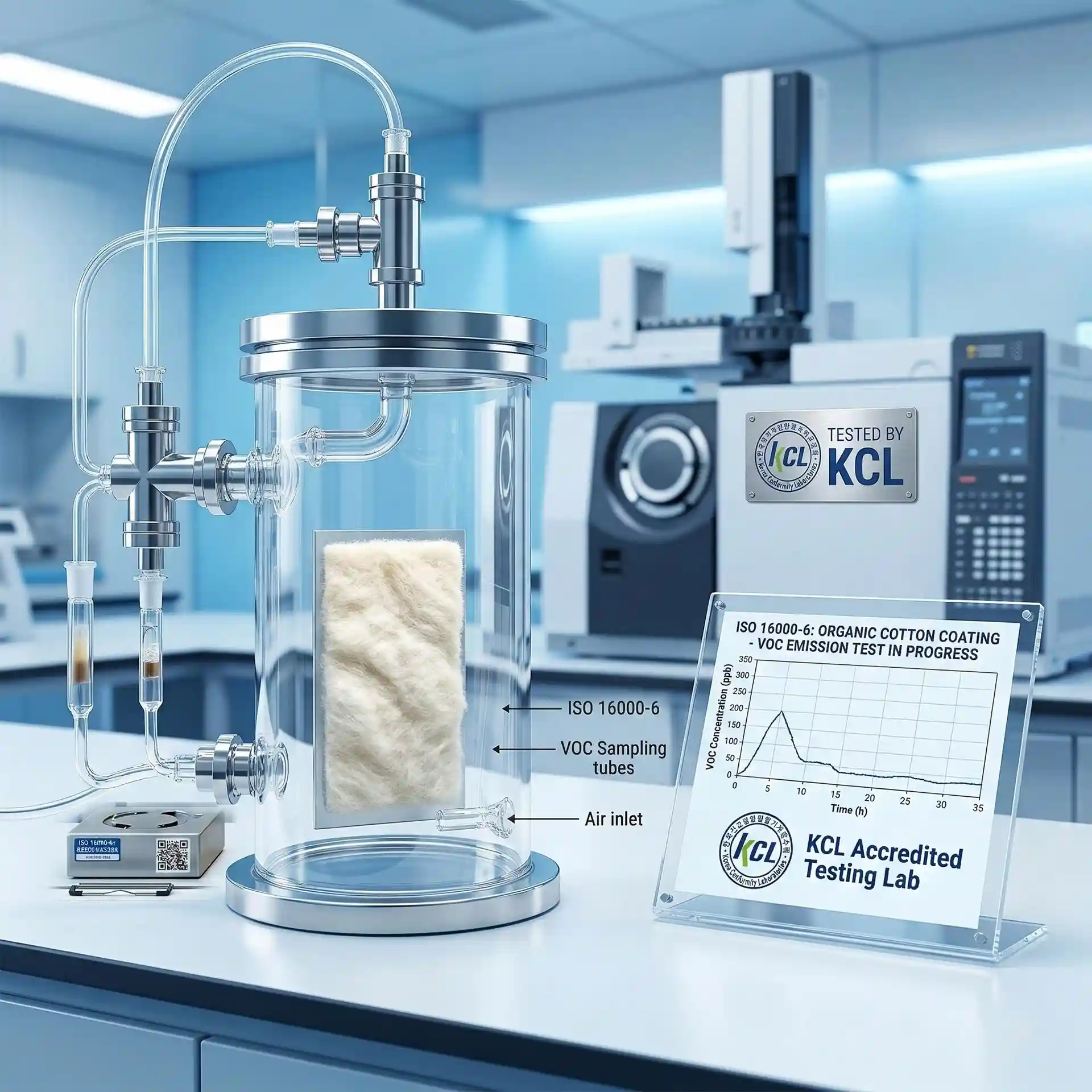 Eine hochmoderne zylindrische Umweltprüfkammer testet die VOC-Emissionen der Belka Tapete nach ISO 16000-6 im KCL-Labor.