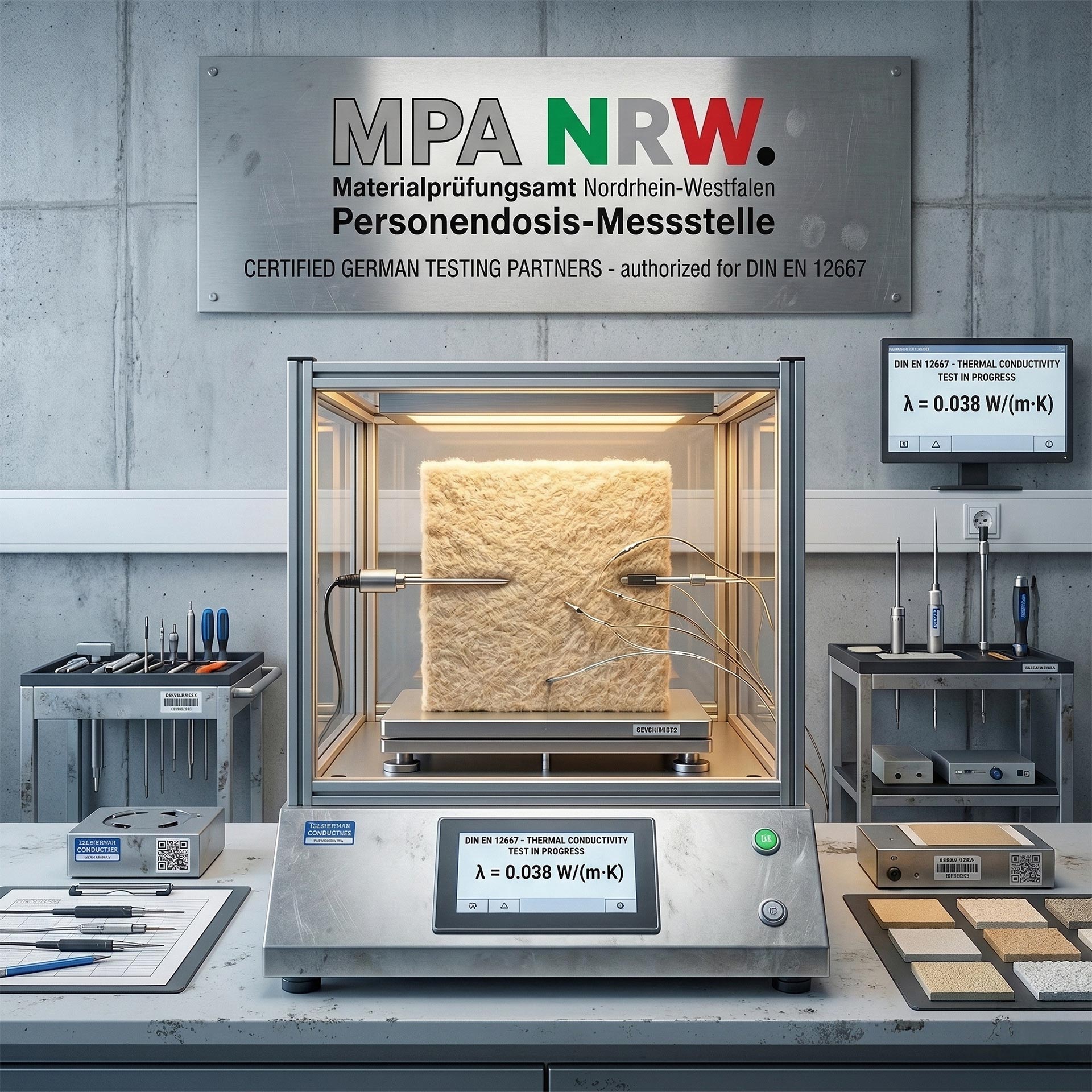 Prüfung der Wärmedämmung: Ein hochmodernes Laborgerät testet die Wärmeleitfähigkeit der Belka Wandgestaltung nach DIN EN 12667.