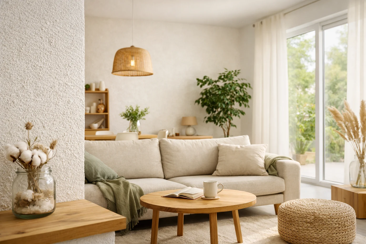 Gesundes Wohnen :Ein helles, modernes Wohnzimmer mit natürlicher Belka Wandbeschichtung, beigem Sofa und sanftem Sonnenlicht