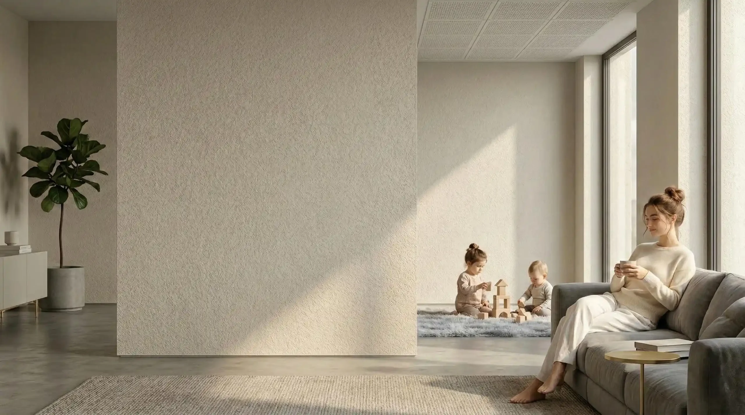 Eine entspannte Mutter auf dem Sofa, während Kinder im Hintergrund spielen. Die fugenlose Belka Tapete sorgt für spürbare Schalldämmung und akustische Ruhe im modernen Wohnzimmer.