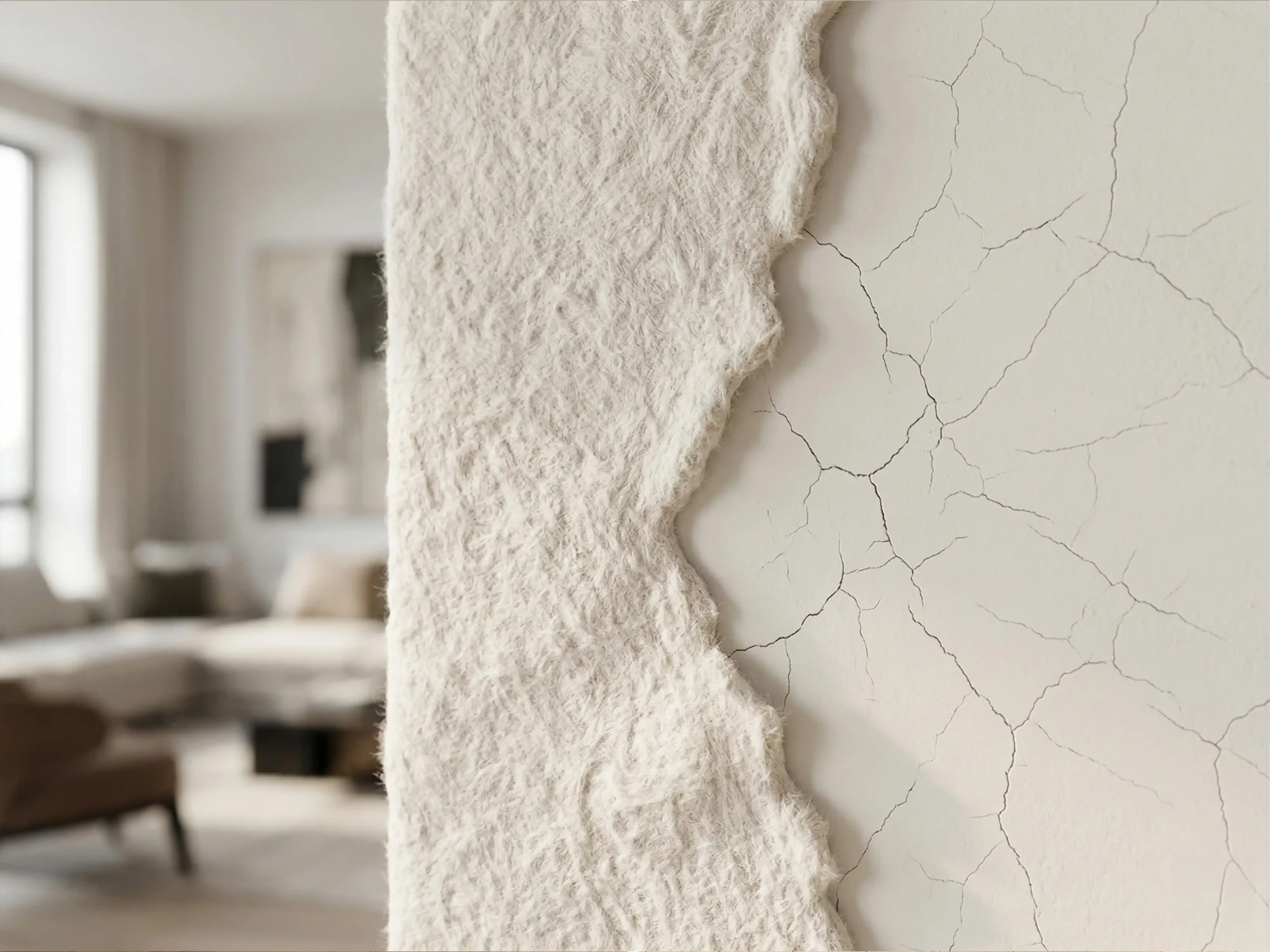 Makroaufnahme der texturierten Belka Baumwoll-Tapete, die eine flexible, leicht gedämpfte Oberfläche zeigt. Sie suggeriert Elastizität und Rissbeständigkeit für verbesserte Langlebigkeit im Vergleich zu reißender Farbe.