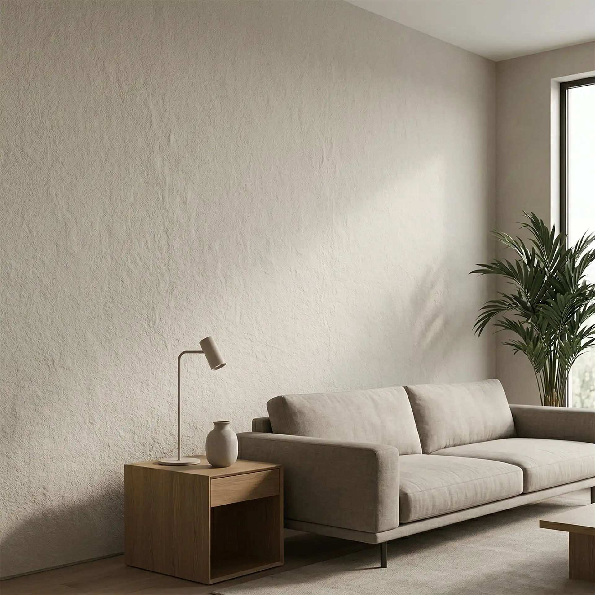 Modernes Wohnzimmer mit Belka Tapete. Die natürliche flüssige Tapete ist ideal für trockene Wohnräume geeignet und schafft ein nahtloses Design.